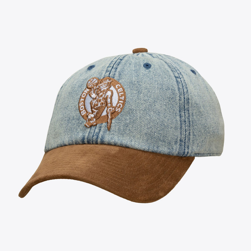 Mitchell & Ness Boston Celtics Denim & Brown Suede 1904 Dad Adjustable Hat