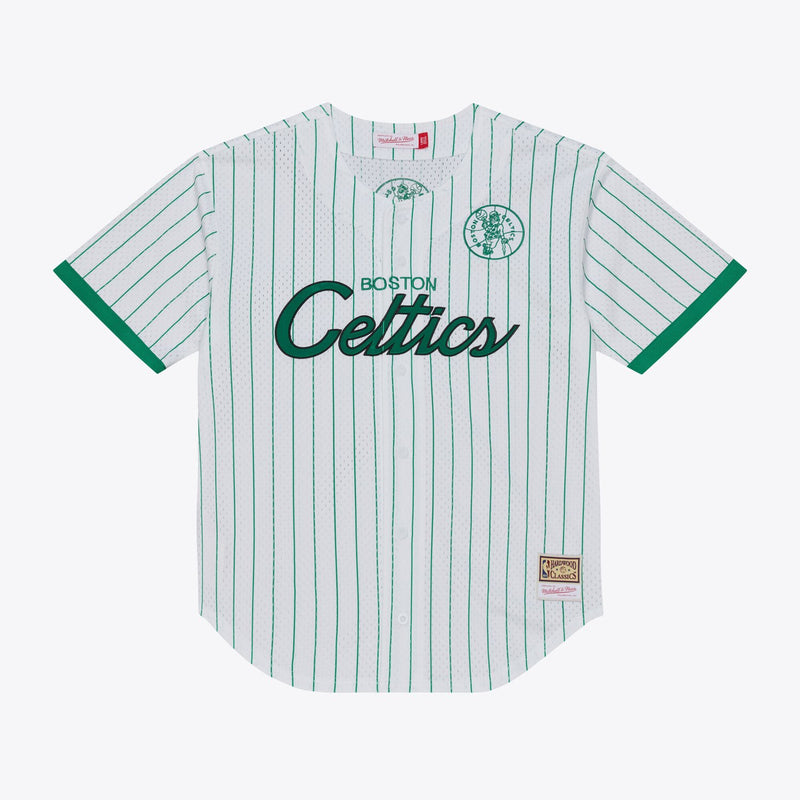 Mitchell & Ness Boston Celtics White Head Coach Pinstripe Mesh Full-Button Baseball Jersey