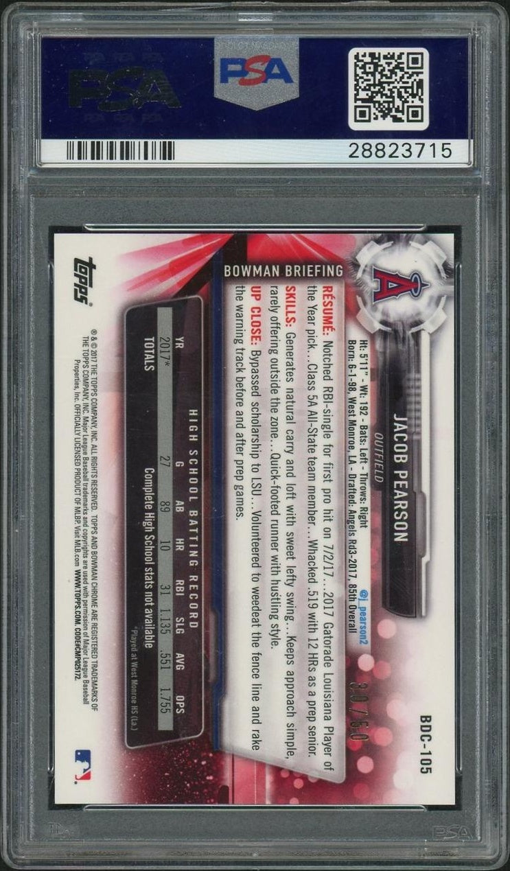 2017 Bowman Draft Chrome Gold Refractor Jacob Pearson #BDC105 /50 PSA 10