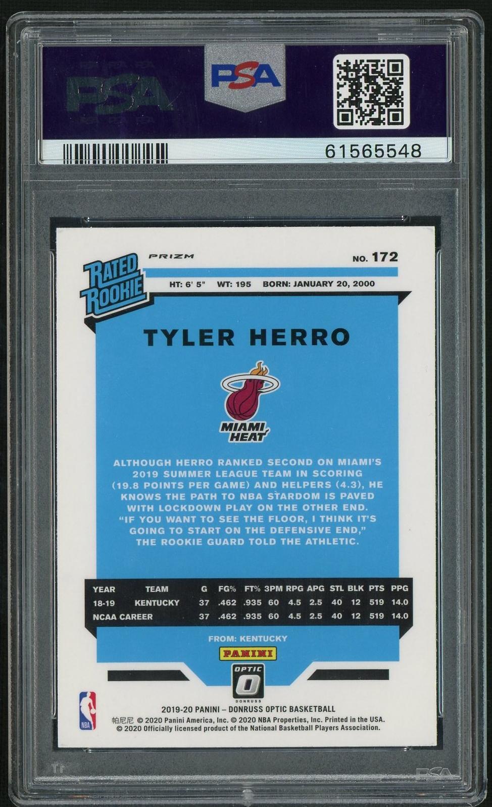 2019 Panini Donruss Optic Blue Velocity Tyler Herro #172 RC PSA 10
