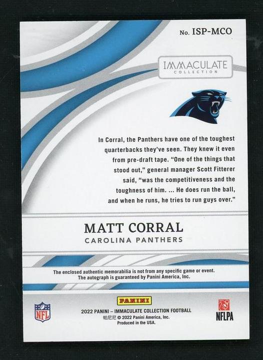 2022 Panini Immaculate Signature Patches Gold Matt Corral #ISP-MCO RC RPA /25