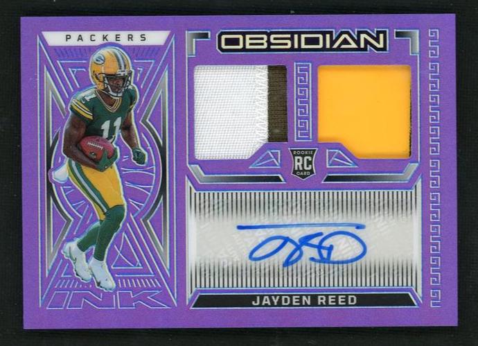 2023 Panini Obsidian RJI-JRE Jayden Reed Purple Rookie /30 Packers Auto