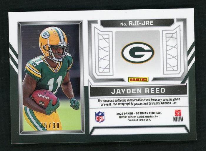 2023 Panini Obsidian RJI-JRE Jayden Reed Purple Rookie /30 Packers Auto