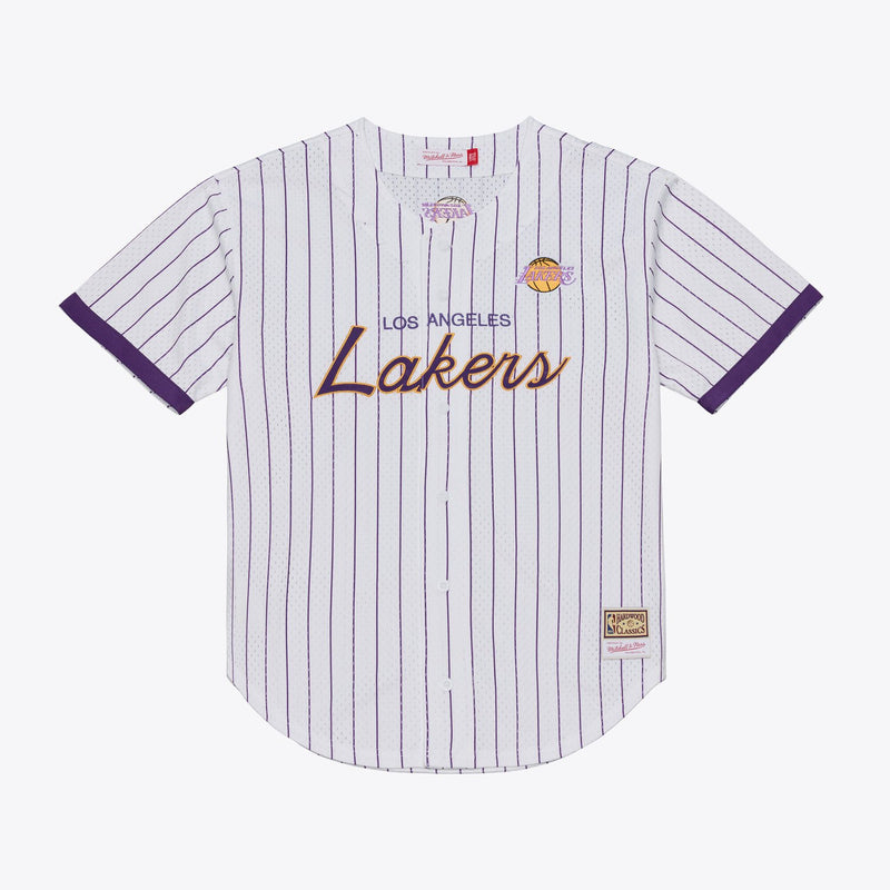 Mitchell & Ness Los Angeles Lakers White Head Coach Pinstripe Mesh Full-Button Baseball Jersey