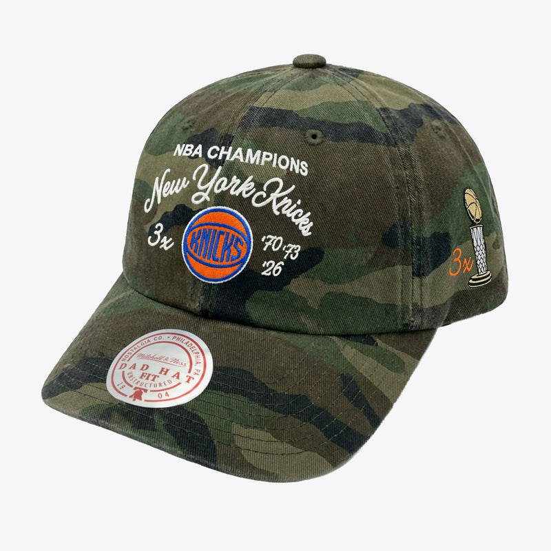 Mitchell & Ness New York Knicks Camo Three-Time NBA Finals Champions Script Dad Adjustable Hat