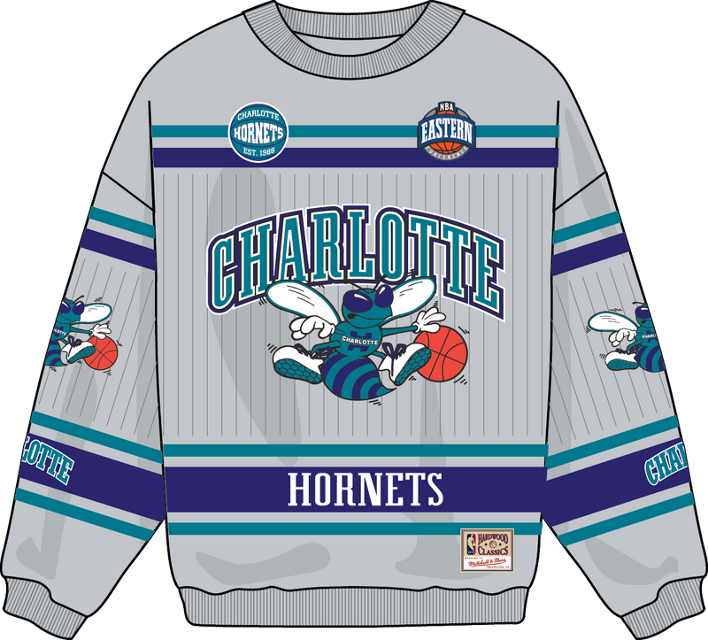 Mitchell & Ness Charlotte Hornets Grey Too Maxxed Fleece Crew Sweatshirt