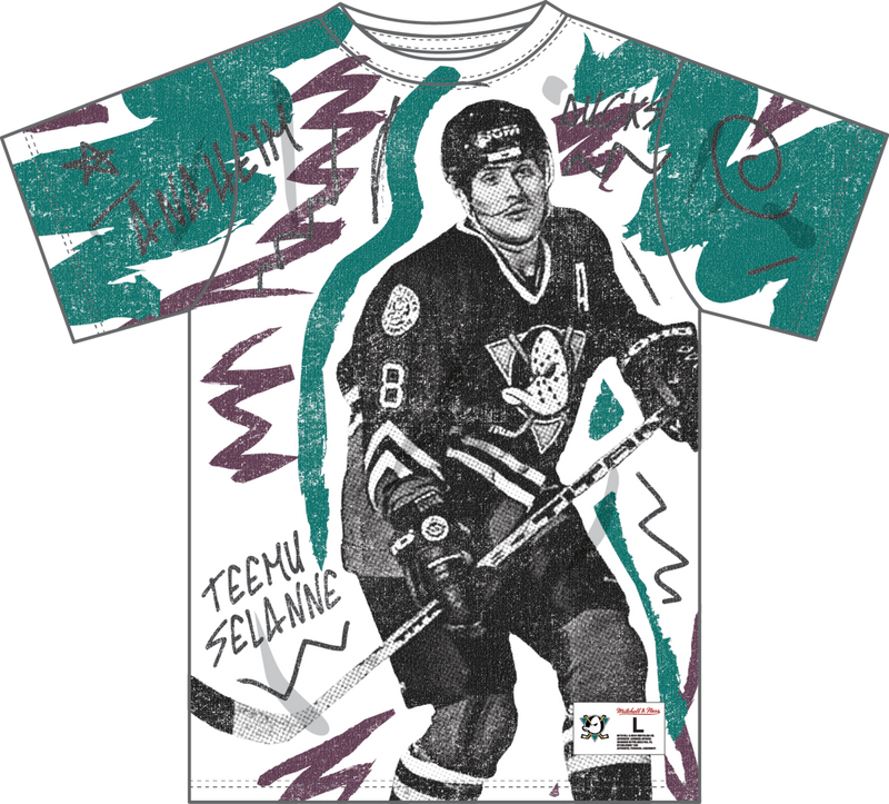 Mitchell & Ness Teemu Selanne Anaheim Ducks Multi/White Vintage Logo Showstopper Player T-Shirt