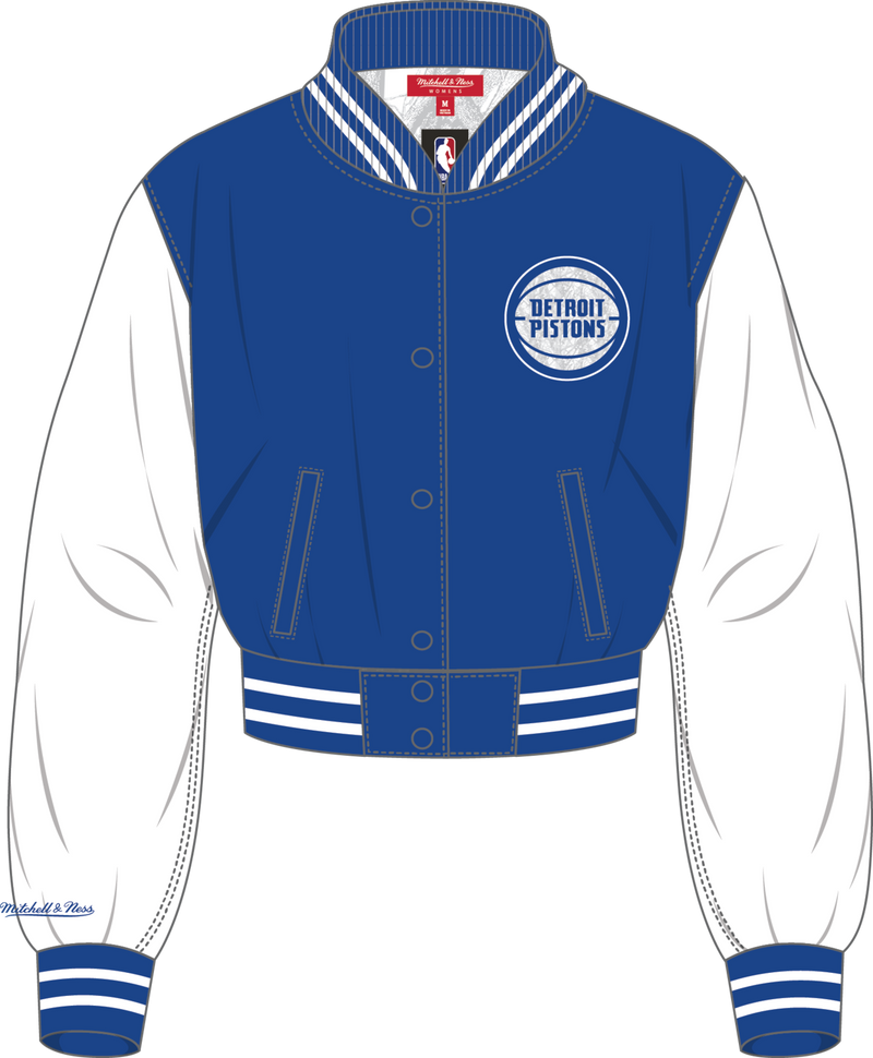 Mitchell & Ness Women's Detroit Pistons Blue Ghosted Lightweight Crop Satin Jacket