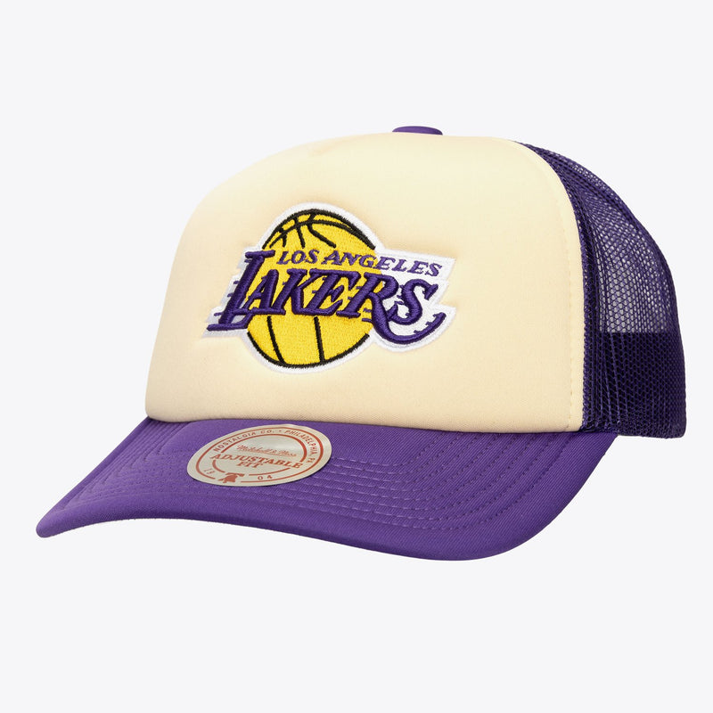 Mitchell & Ness Los Angeles Lakers Cream/Purple Block Trucker Adjustable Hat