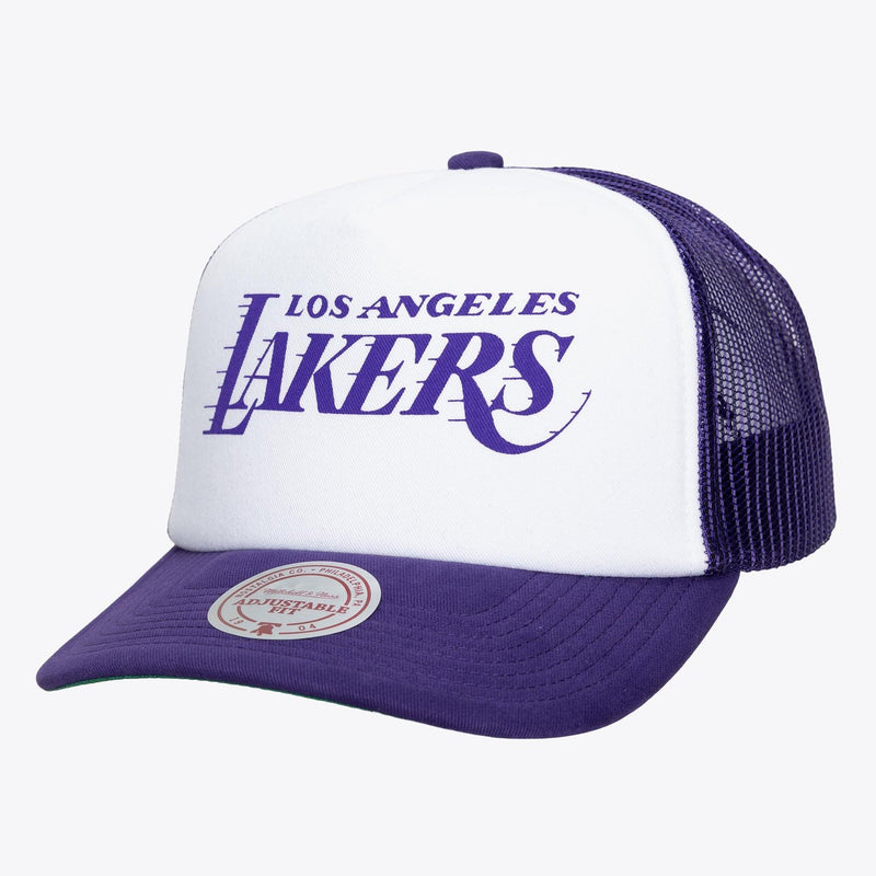 Mitchell & Ness Los Angeles Lakers White/Purple Print It Trucker Adjustable Hat