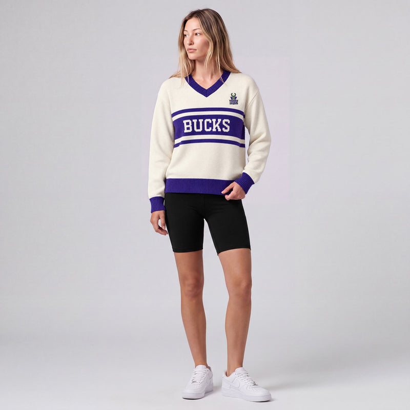 Mitchell & Ness Women's Milwaukee Bucks Cream/Purple Retro Roots V-Neck Sweater