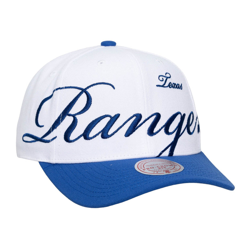 Texas Rangers Mitchell & Ness Unisex XL Script Pro Crown Adjustable Hat - White/Royal