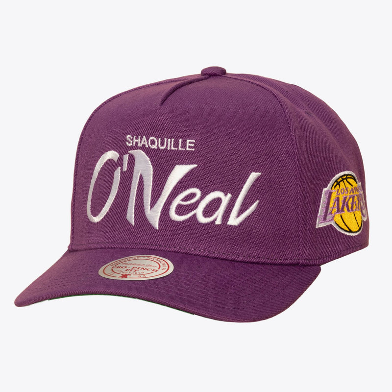 Mitchell & Ness Shaquille O'Neal Los Angeles Lakers Purple Hardwood Classics Player Script Pro Pinch Snapback Hat