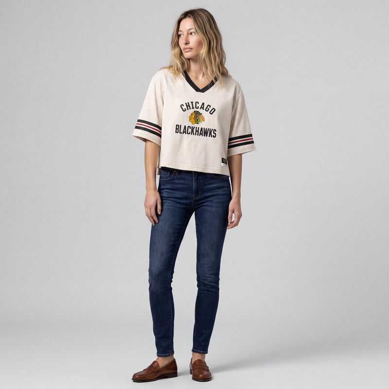 Mitchell & Ness Women's Chicago Blackhawks Cream Retro Roots Cropped Boxy Yoke T-Shirt