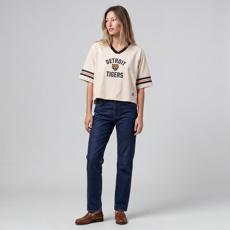 Mitchell & Ness Women's Detroit Tigers Cream Retro Roots Cropped Boxy Yoke T-Shirt