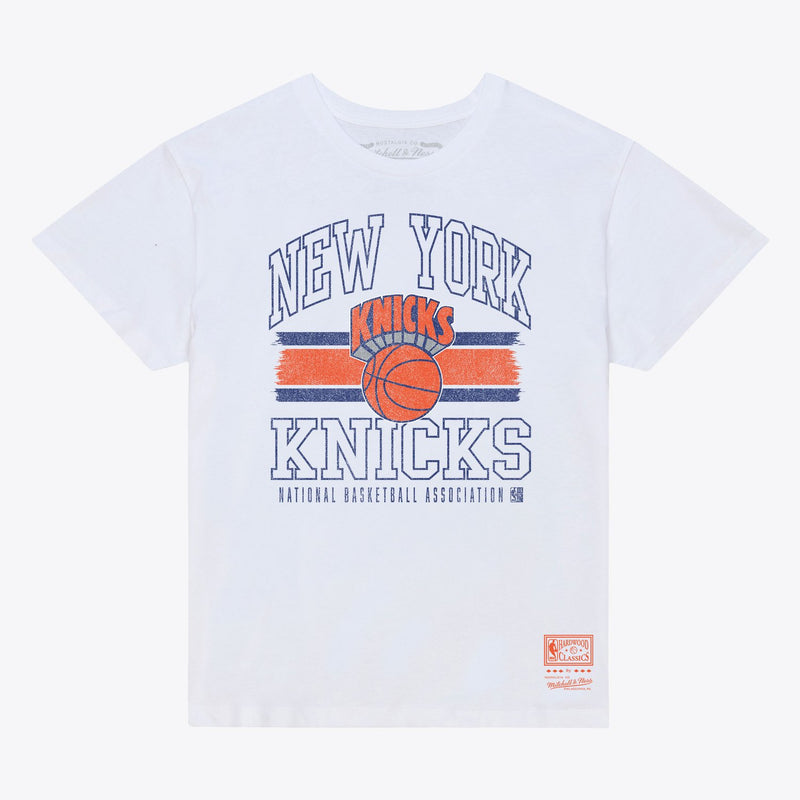 Mitchell & Ness Women's New York Knicks White Striped Logo Boxy T-Shirt