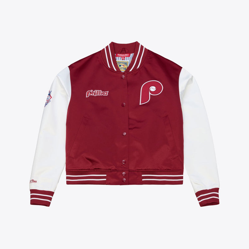 Mitchell & Ness Women's Philadelphia Phillies Burgundy Satin Floral Cropped Full-Snap Jacket