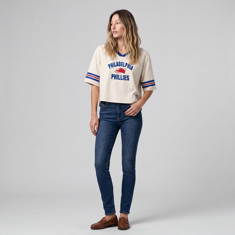 Mitchell & Ness Women's Philadelphia Phillies Cream Retro Roots Cropped Boxy Yoke T-Shirt