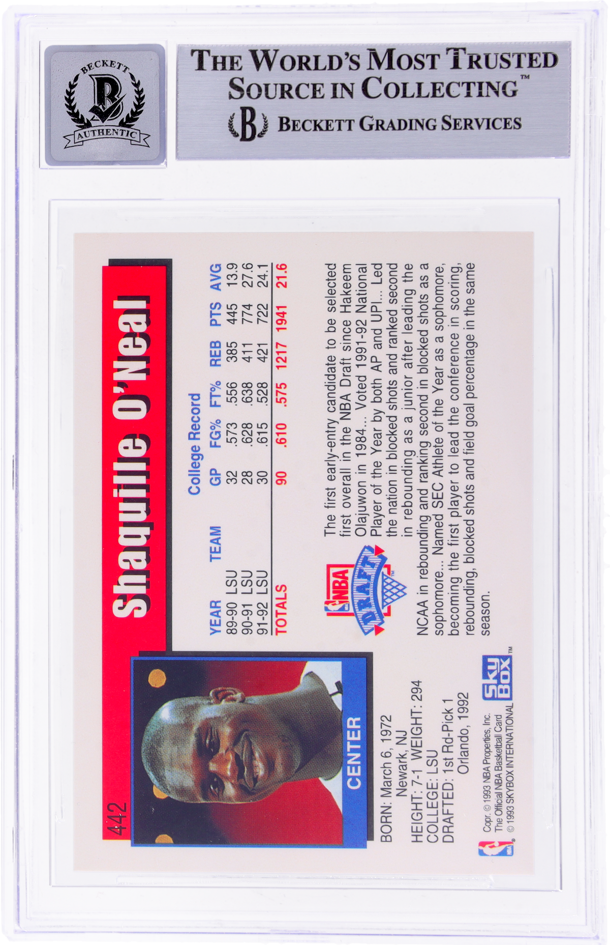 1992 Hoops Shaquille O'Neal #442 BGS 0
