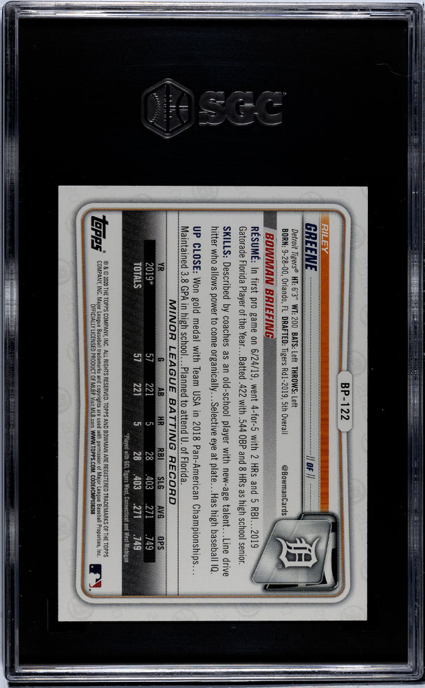 2020 Bowman Prospects Sky Blue Riley Greene #BP-122 /499 SGC 10