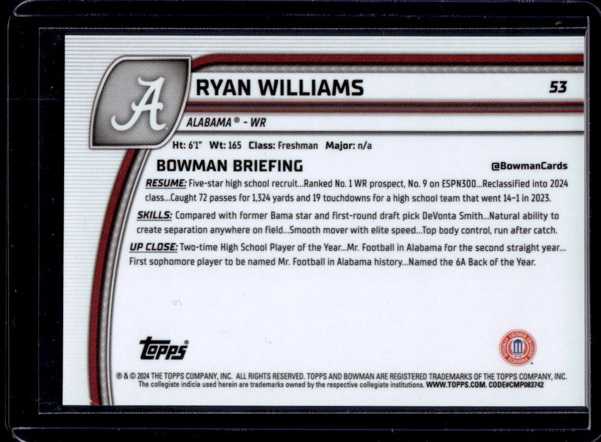 2024 Topps Bowman Chrome U Aqua Refractor Ryan Williams #53 1st Bowman /499
