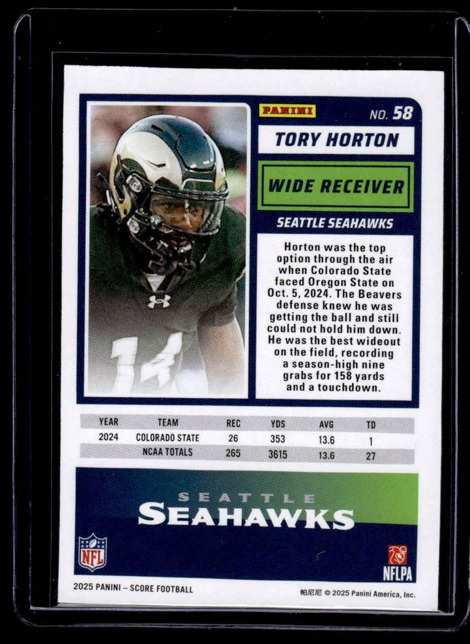 2025 Panini Score First Down Tory Horton #58 RC /10