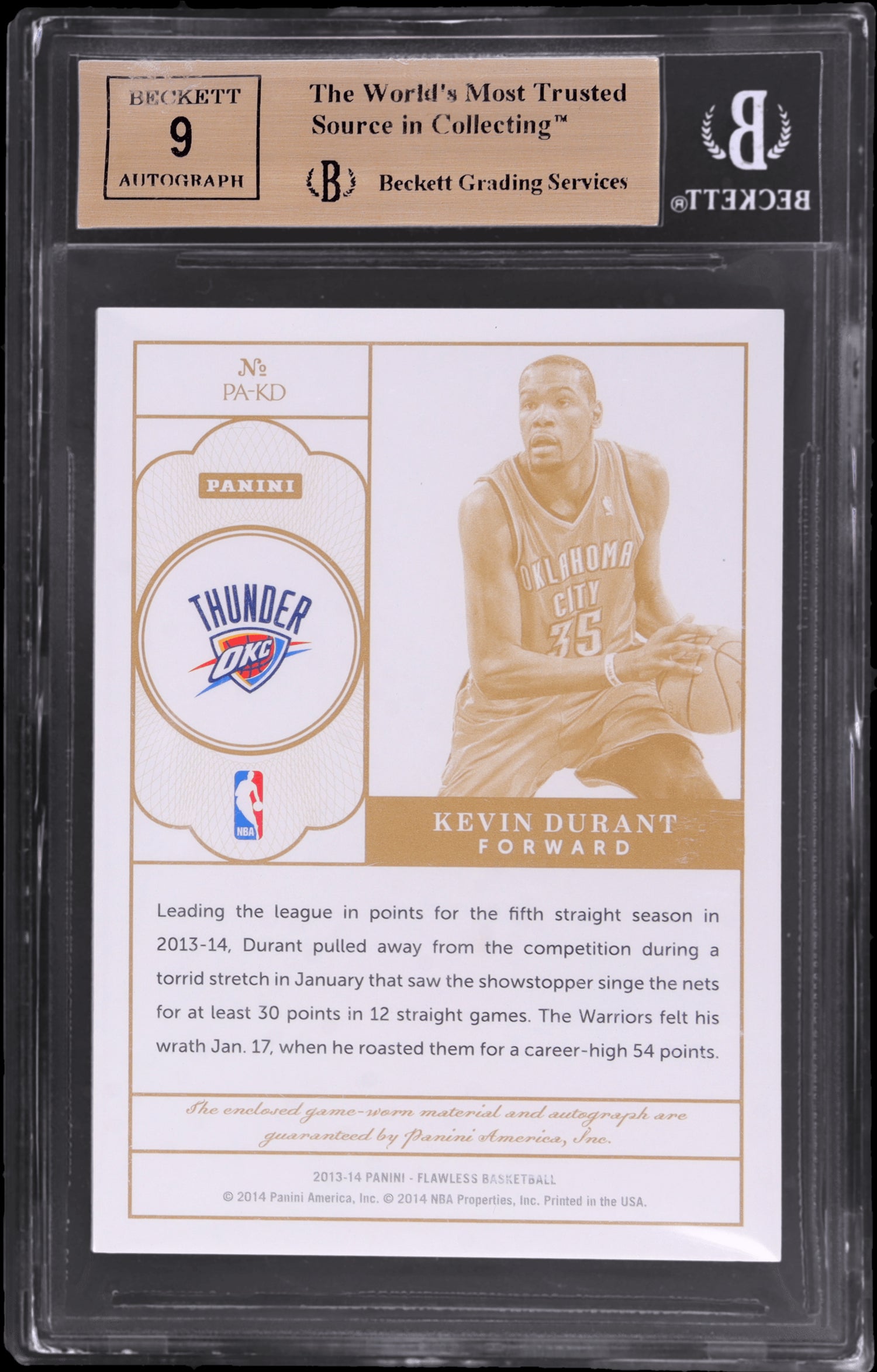 2013-14 Panini Flawless Patch Autographs Kevin Durant #48 /25 BGS 9.5