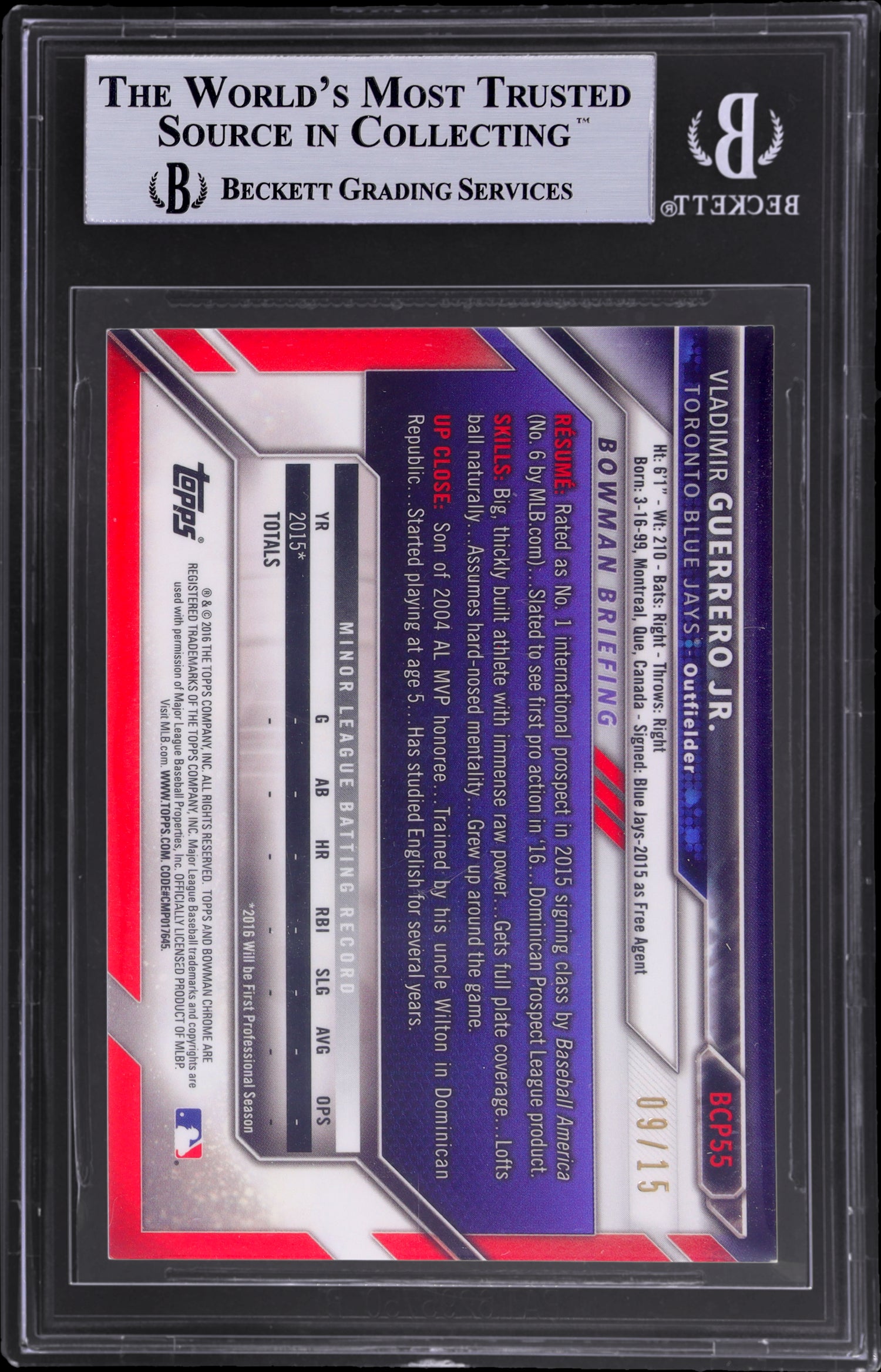 2016 Bowman Chrome Blue Vladimir Guerrero Jr. #BCP55 /15 BGS 9