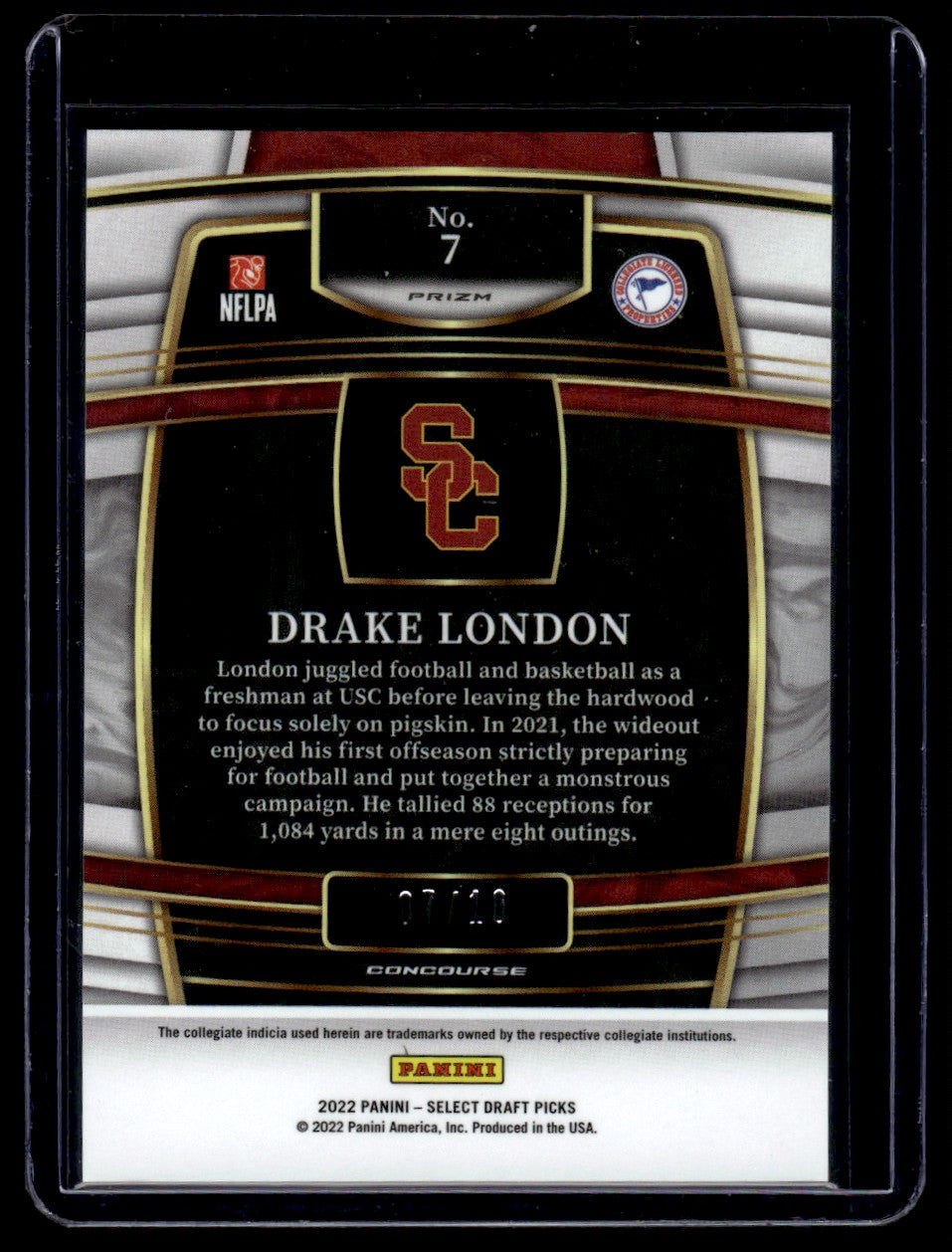 2022 Panini Select Draft Picks Gold Prizm Drake London #7 RC Concourse /10