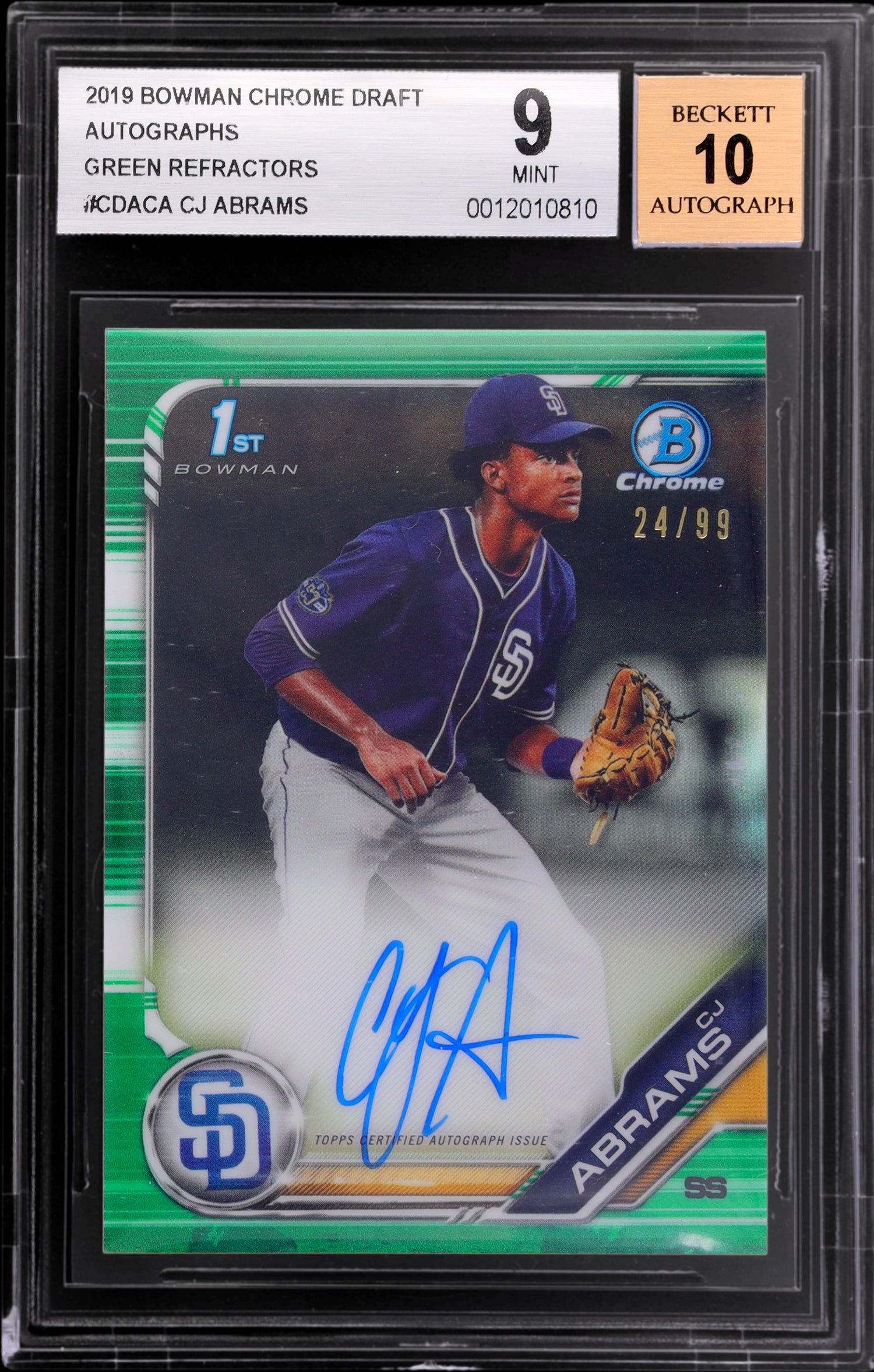 2019 Bowman Chrome Draft Green Refractor CJ Abrams #CDA-CA /99 BGS 9 Auto