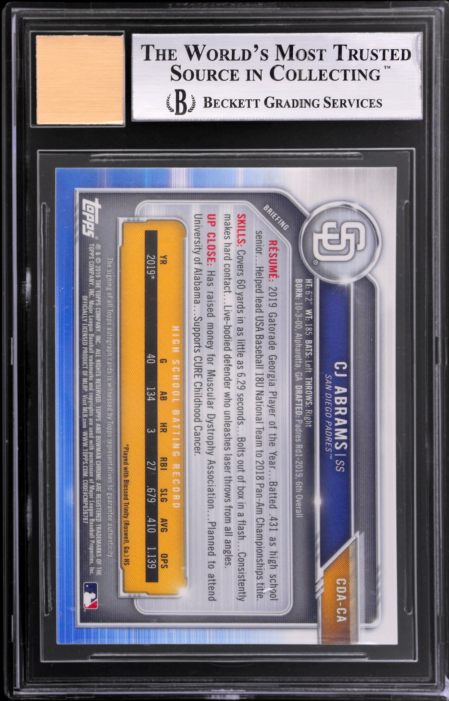 2019 Bowman Chrome Draft Green Refractor CJ Abrams #CDA-CA /99 BGS 9 Auto