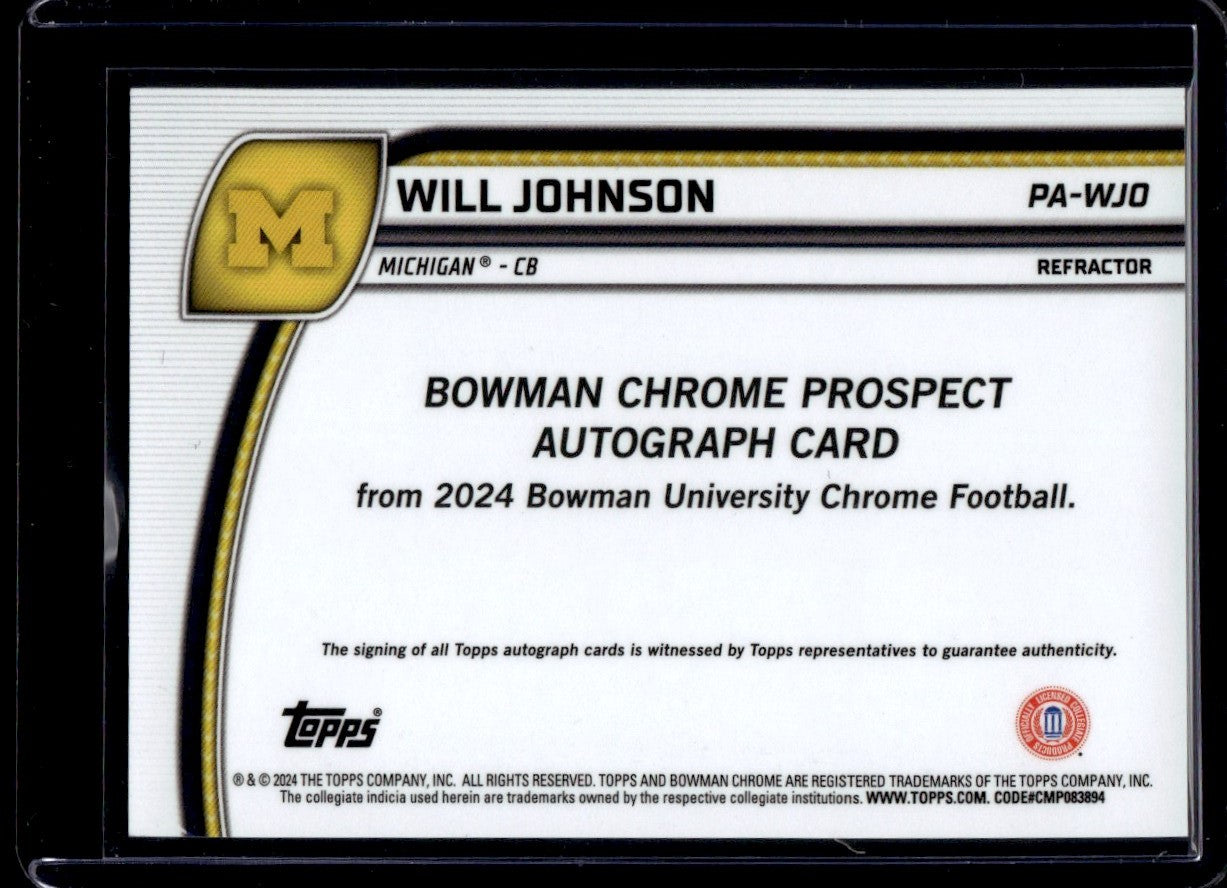 2024 Topps Bowman U Chrome Refractor Will Johnson #PA-WJO Auto /299