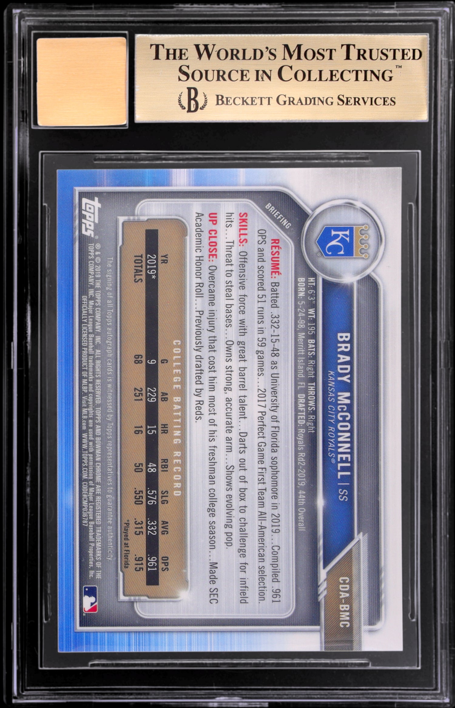 2019 Bowman Chrome Draft Gold Wave Brady McConnell #CDA-BMC /50 BGS 9.5 Auto