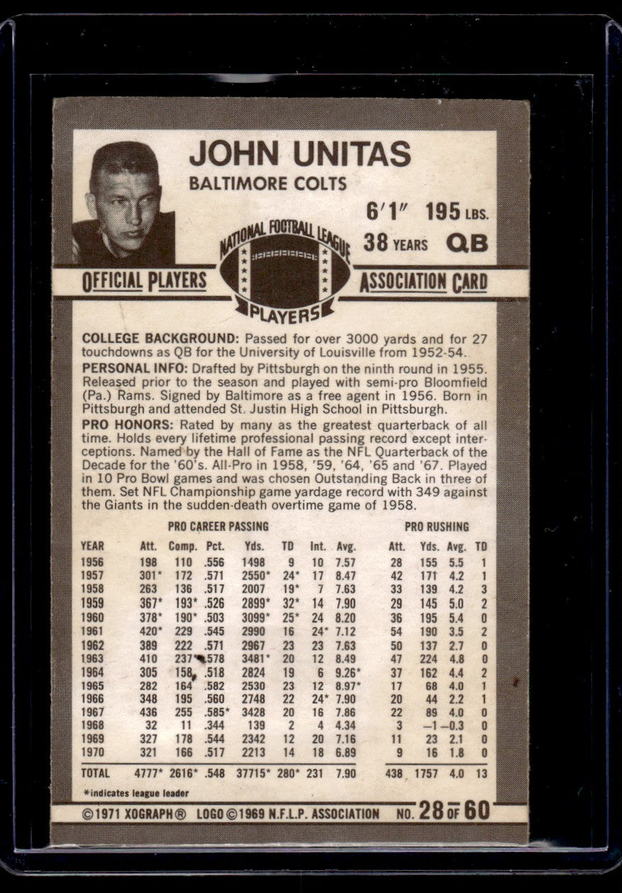 1971 Xograph 3-D Super Stars John Unitas #28