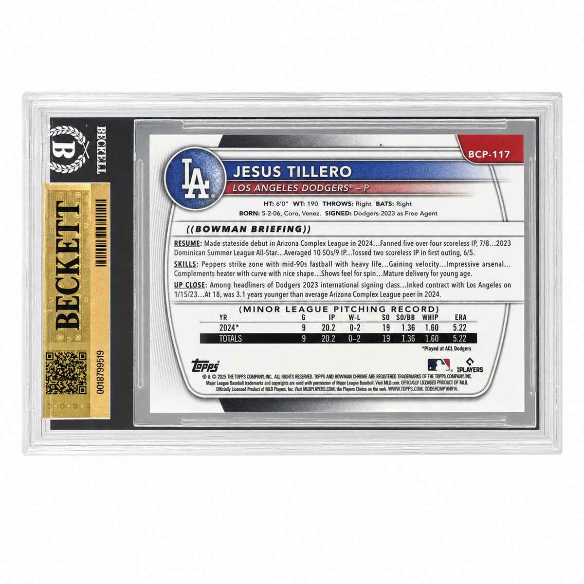 2025 Bowman Jesus Tillero Lava Refractor /399 1st Prospect BGS 9.5