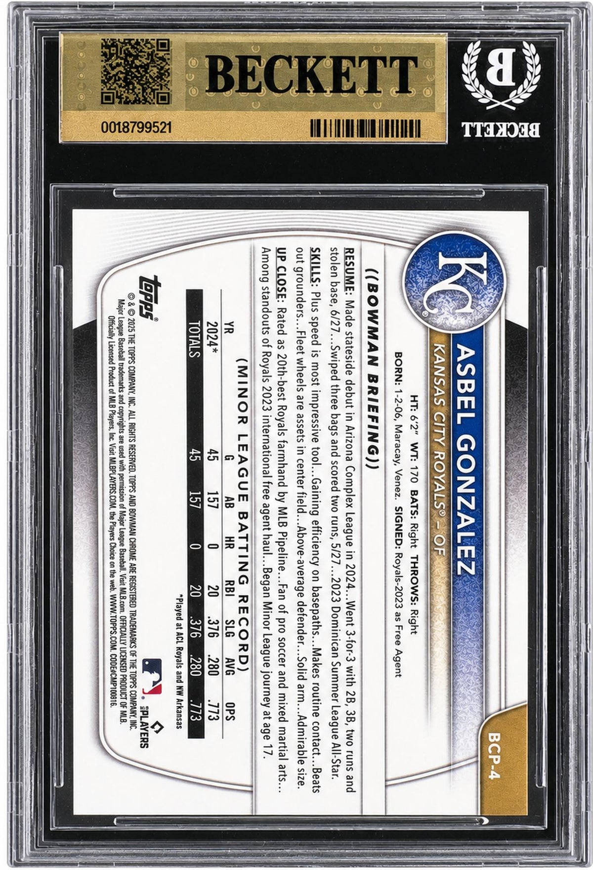 2025 Bowman Asbel Gonzalez Fuchsia Wave Refractor /199 1st Prospect BGS 9.5