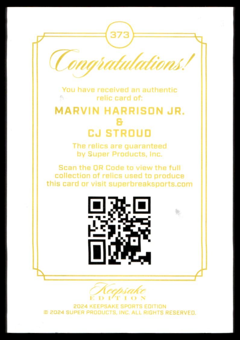 2024 Keepsake Marvin Harrison Jr CJ Stroud Dual Gem Patch Relic /99