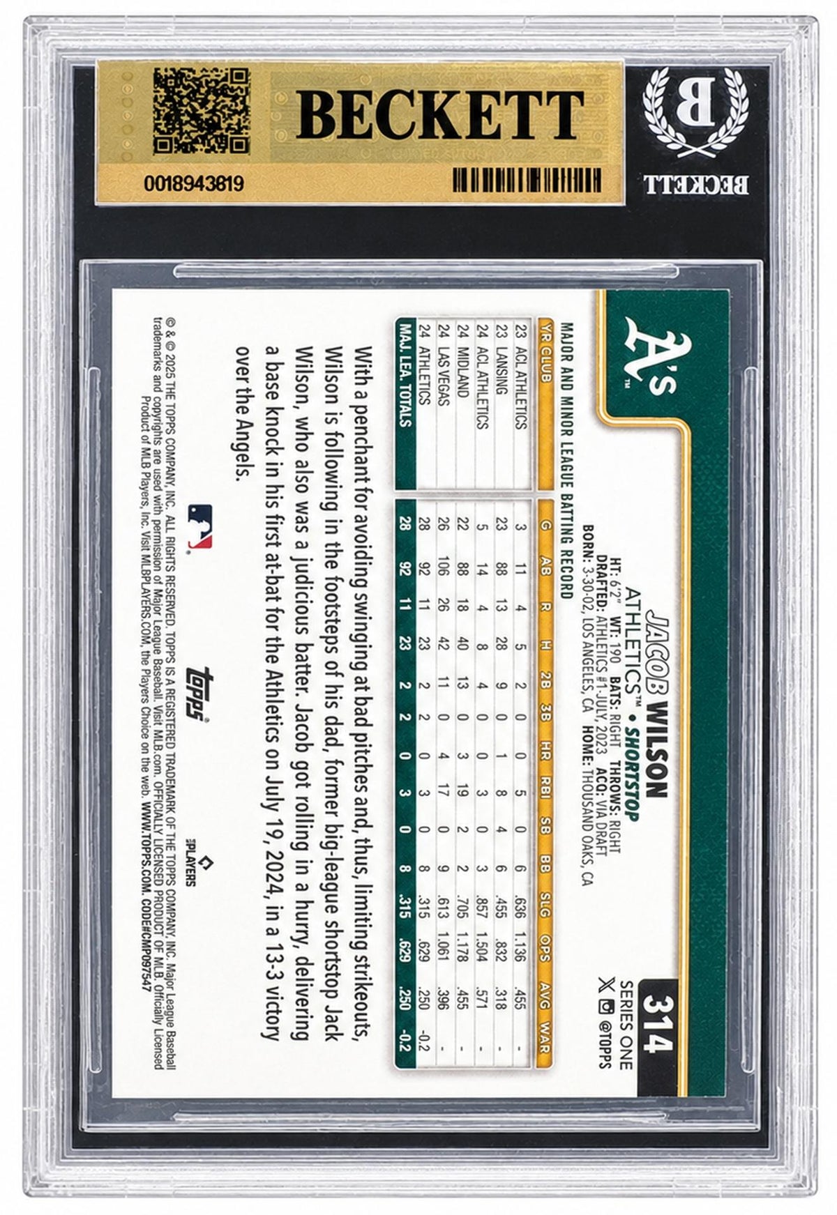 2025 Topps Series 1 Jacob Wilson #314 RC Athletics BGS 9.5