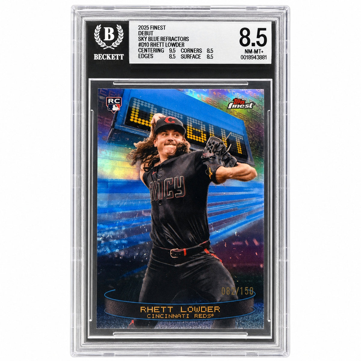 2025 Topps Finest Debut Sky Blue Refractors #010 Rhett Lowder /150 BGS 8.5