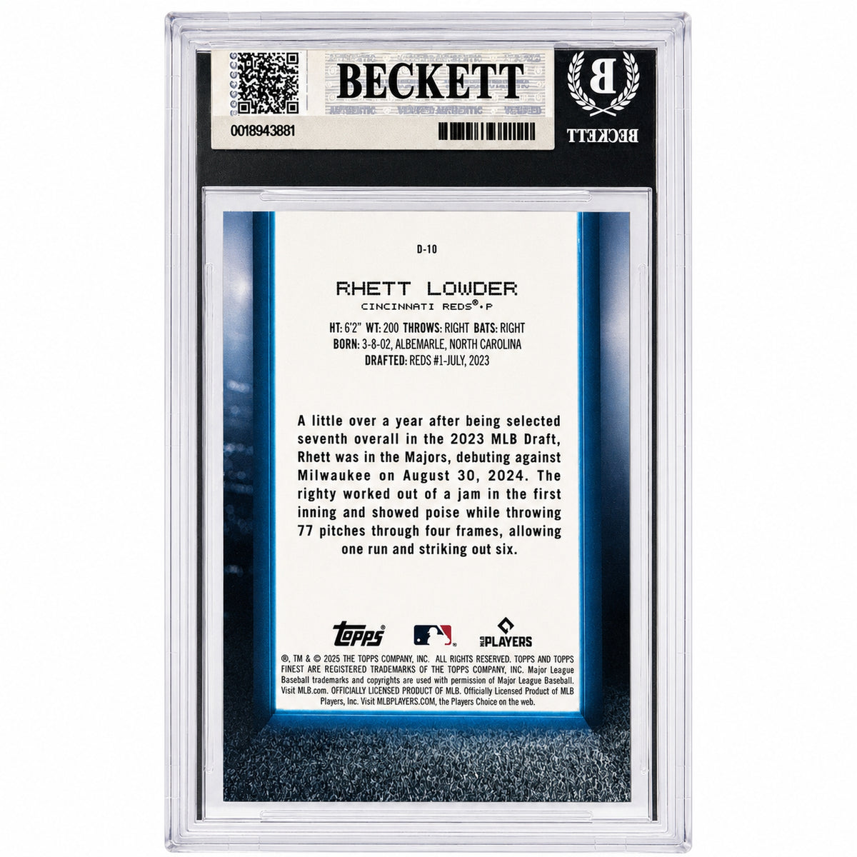 2025 Topps Finest Debut Sky Blue Refractors #010 Rhett Lowder /150 BGS 8.5