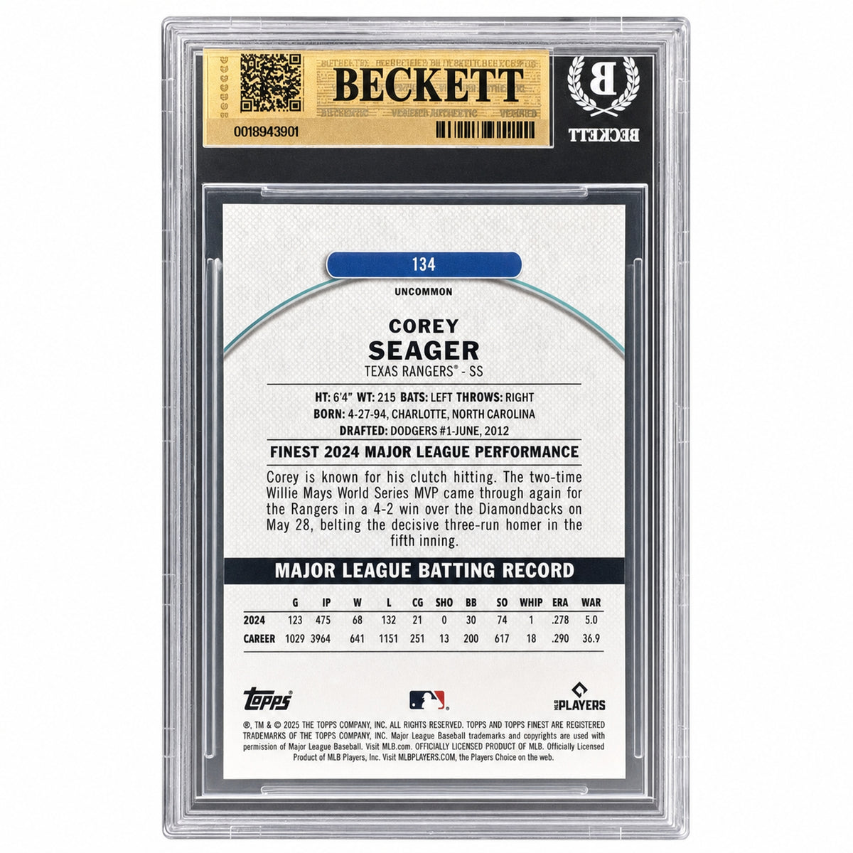 2025 Topps Finest Corey Seager #134 Blue Checkerboard Refractor /75 BGS 9.5