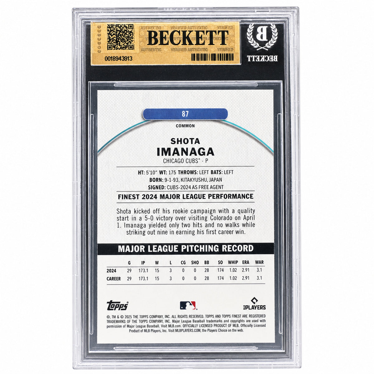 2025 Topps Finest Magenta Refractors #87 Shota Imanaga /350 BGS 9.5