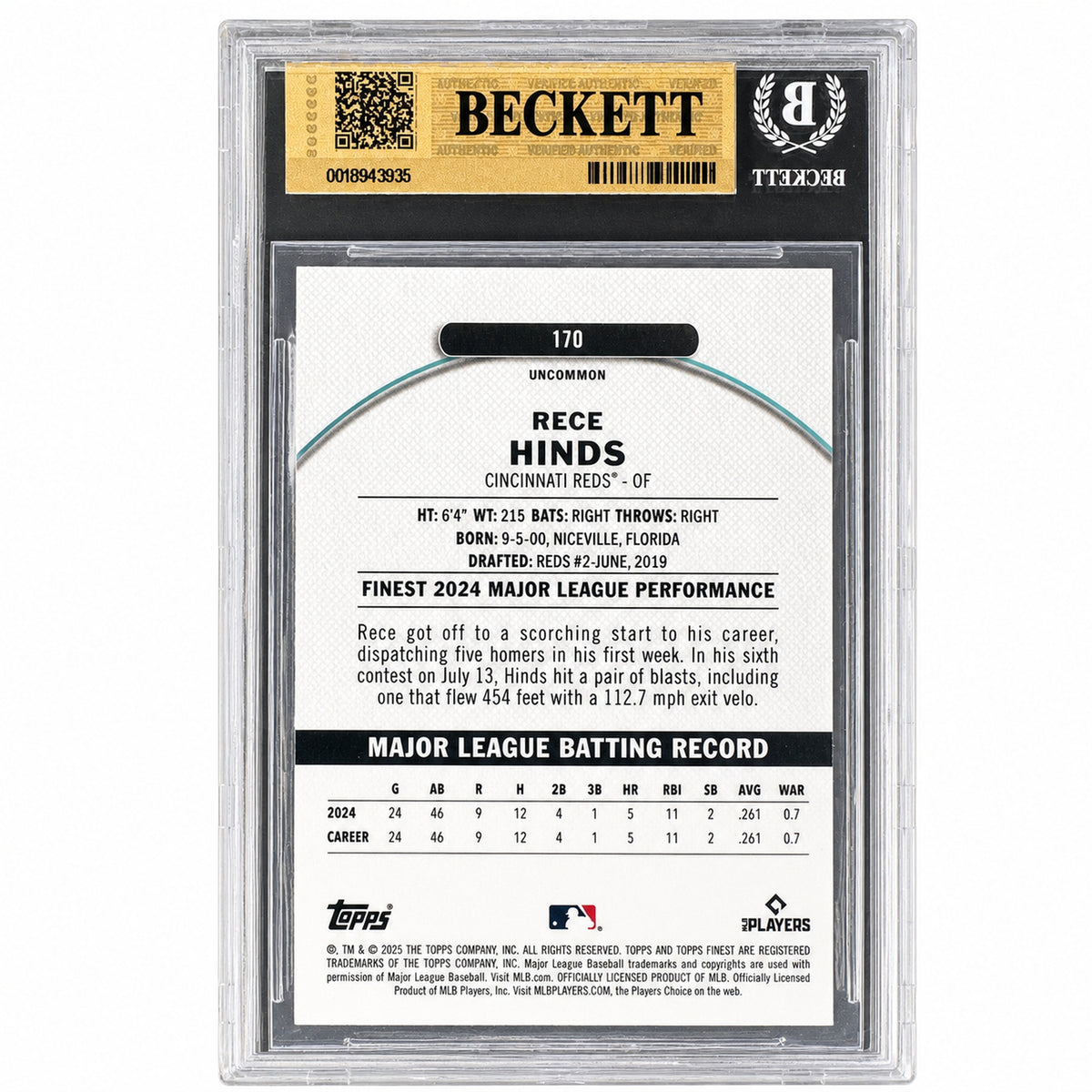 2025 Topps Finest Magenta Refractors #170 Rece Hinds /300 BGS 9.5