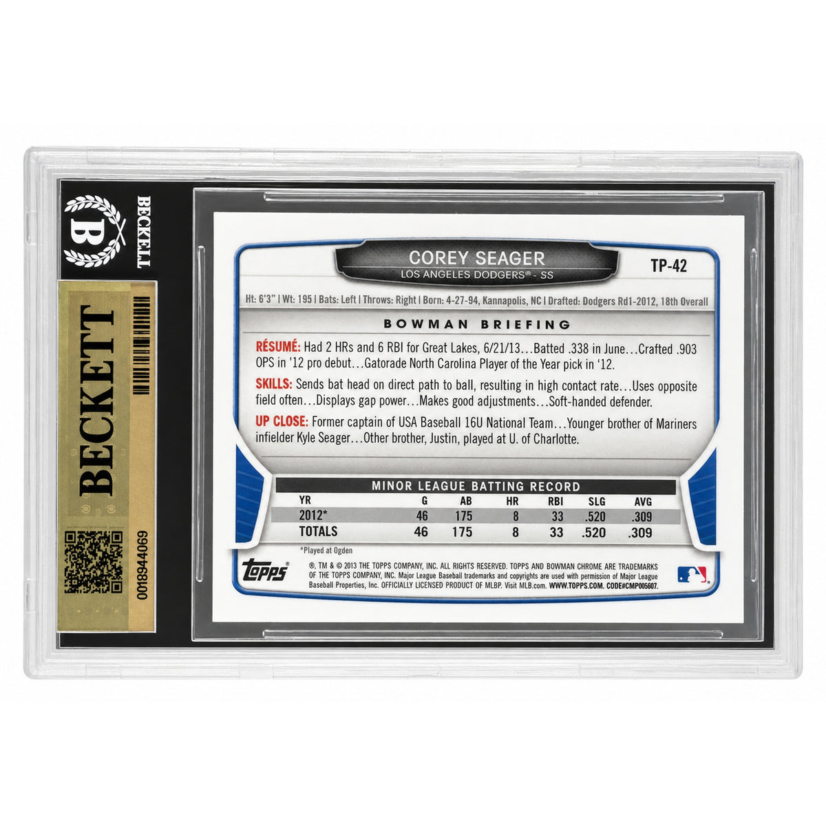 2013 Bowman Draft Picks and Prospects Chrome Top Prospects Corey Seager #TP42 BGS 9.5