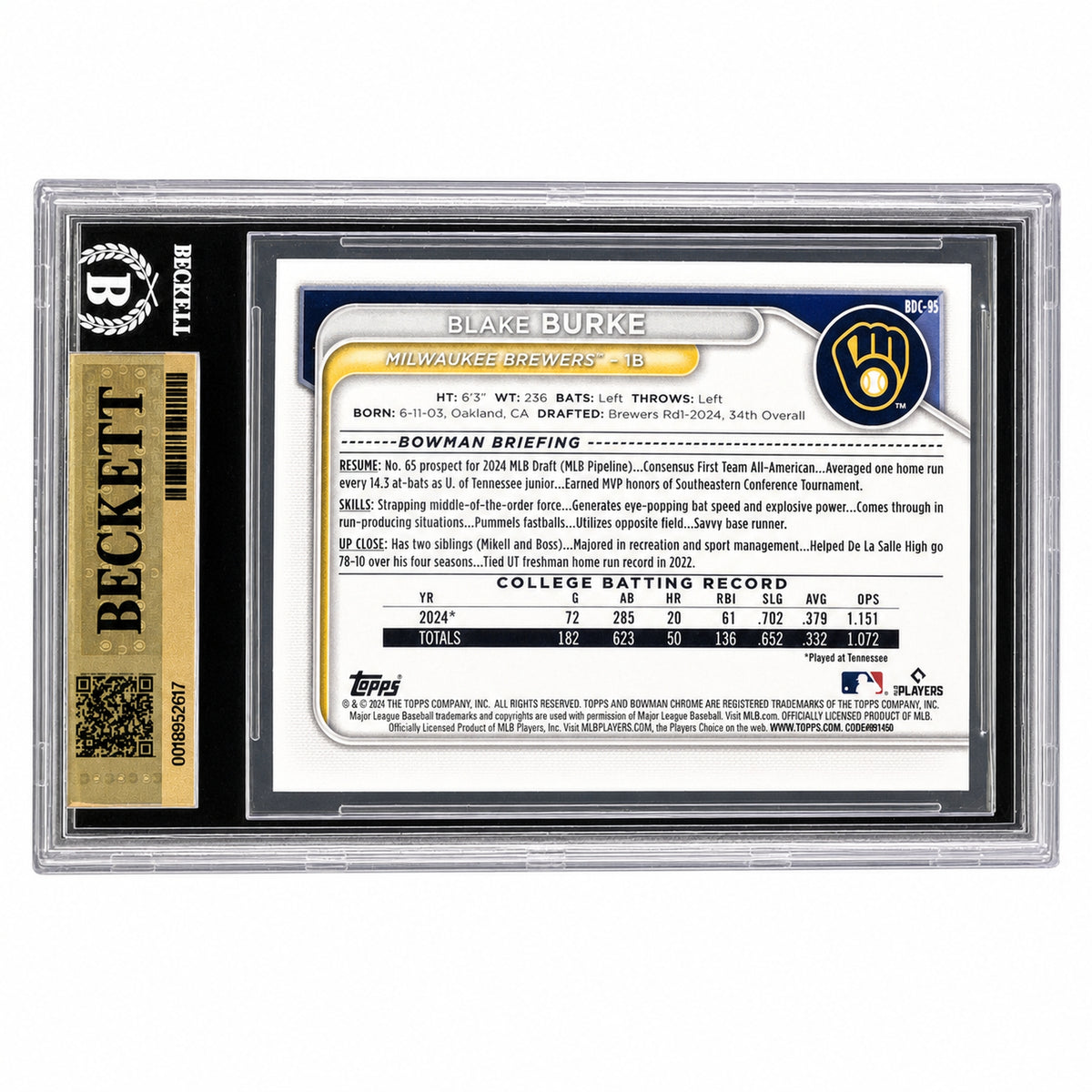 2024 Bowman Draft Blake Burke #BDC-95 Chrome Sparkles /200 1st Prospect BGS 9.5
