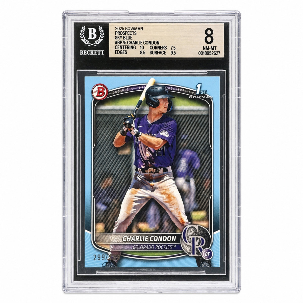 2025 Bowman Charlie Condon #BP-75 Sky Blue Border /499 1st Prospect BGS 8