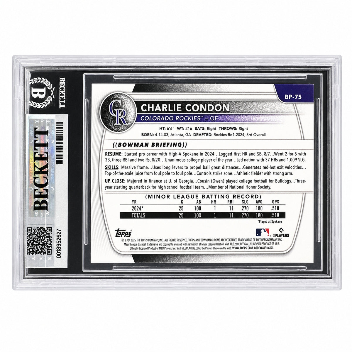 2025 Bowman Charlie Condon #BP-75 Sky Blue Border /499 1st Prospect BGS 8