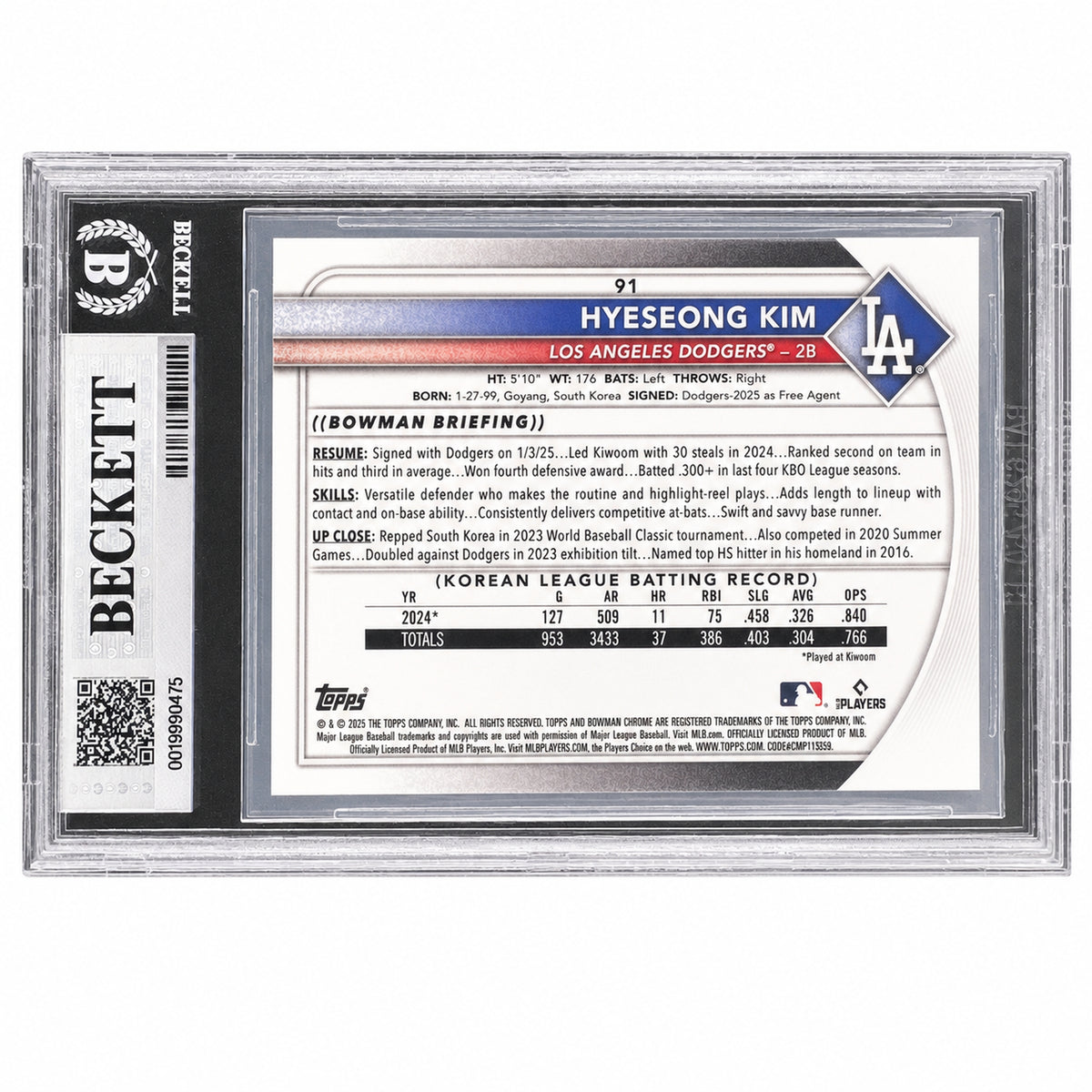 2025 Bowman Hyeseong Kim #91 Chrome Red RC Rookie Redemption Dodgers BGS 9