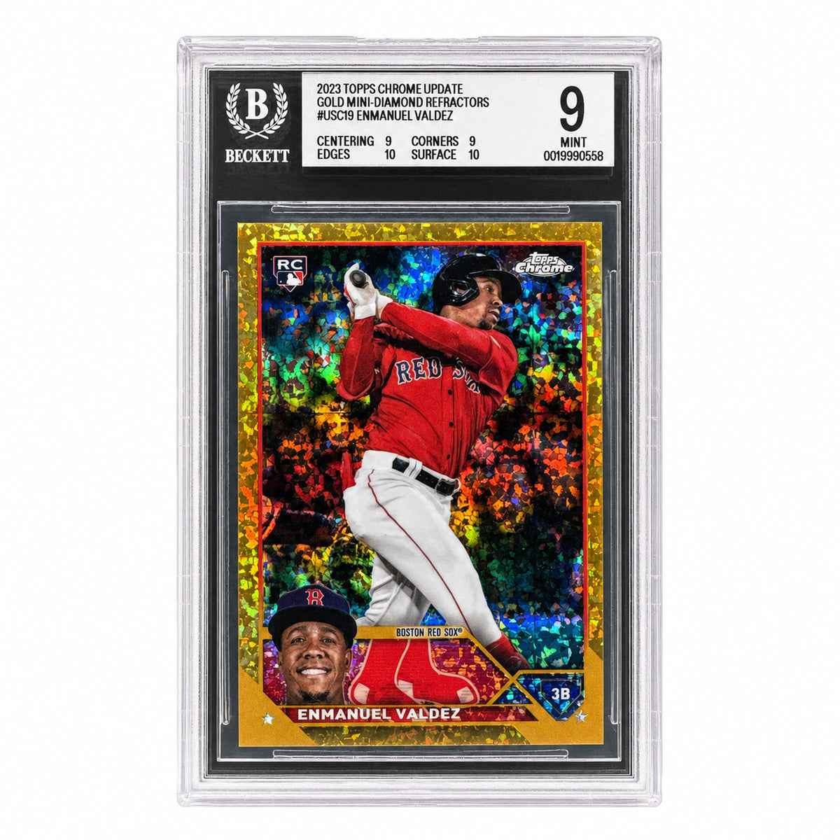 2023 Topps Chrome USC19 Enmanuel Valdez Gold Mini-Diamond Refractors Gold Rookie /50 Beckett 9 Mint Boston Red Sox