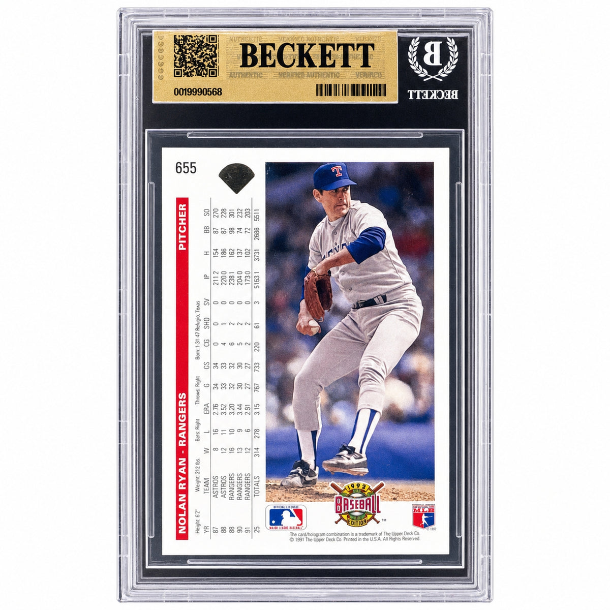 1992 Upper Deck Gold Hologram Nolan Ryan #655 Rangers BGS 9.5
